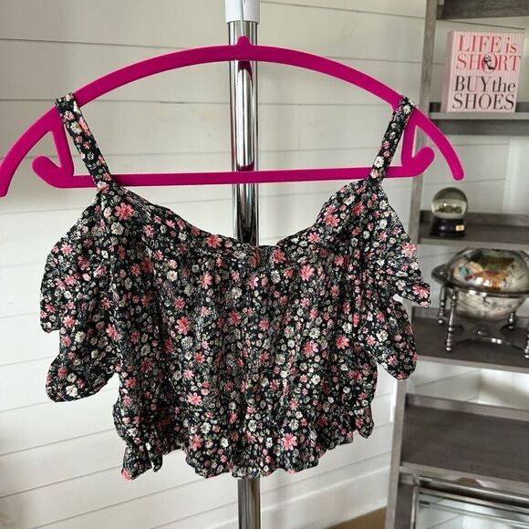 Bebe floral boho print smocked cropped off shoulder top sz small - Picture 2 of 8